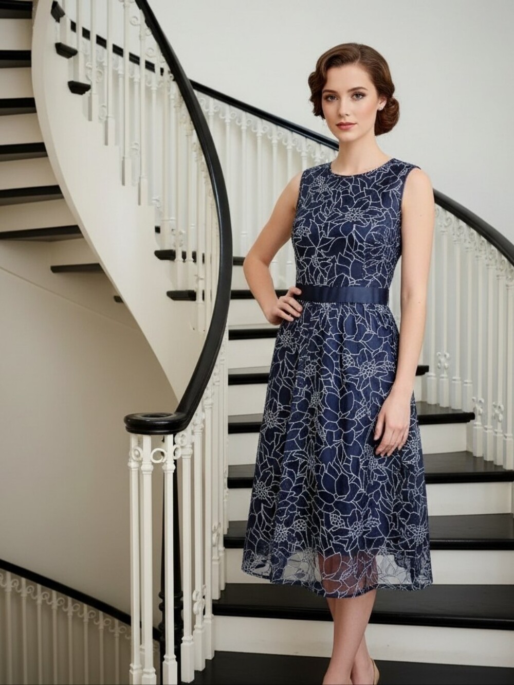 Heidi Weisel Midnight Garden Navy Midi Length Sleeveless Dress Size 10 NWT